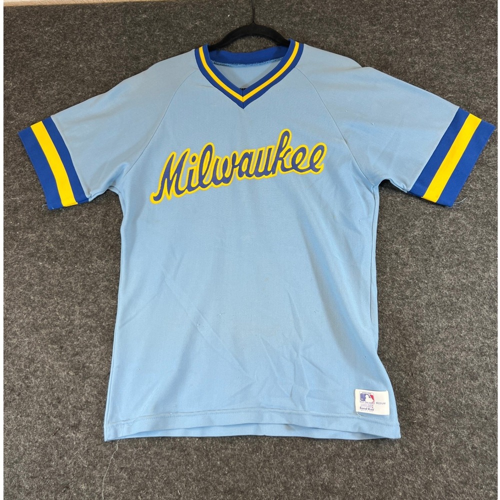 VINTAGE Milwaukee Brewers MLB Jersey Mens Medium Blue Sand-Knit Ringer Shirt